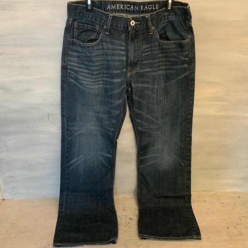 American Eagle 100% Cotton Men's Dark Wash Denim Boot Cut Blue Jeans 34/32 GC